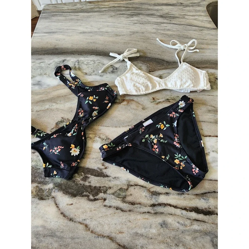 Xhilaration Womens Bikini Lot 3pc Black Floral White Swiss Dot Swimsuit Set S‎